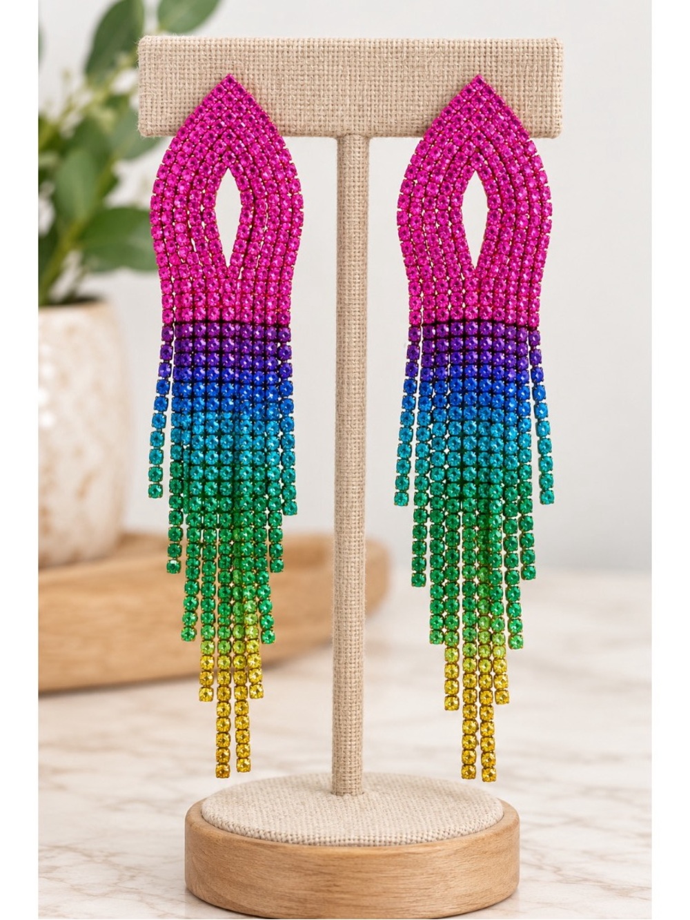 Long Statement Rhinestone in Ombre Rainbow Tassel Earrings